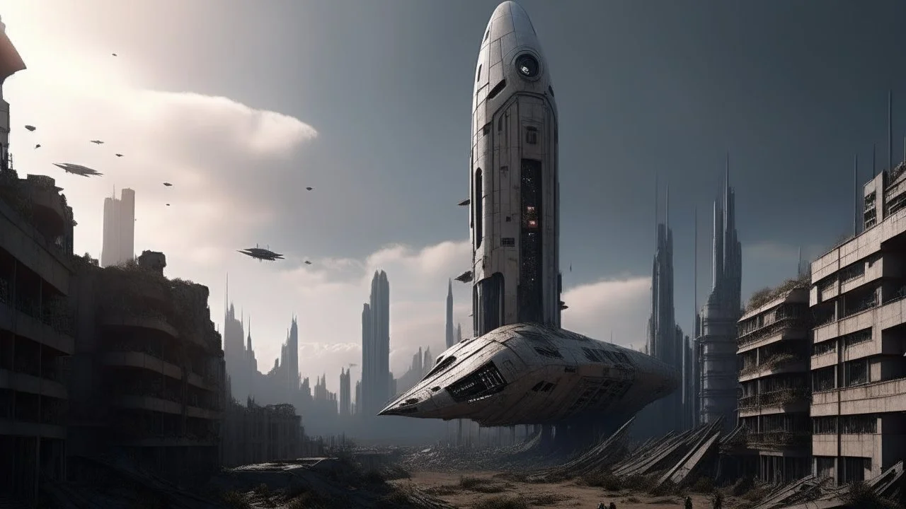 A small, long, sleek Spacecraft in a ruined alien city, surrounded by tall damaged buildings, clear sky, small white clouds, photorealistic