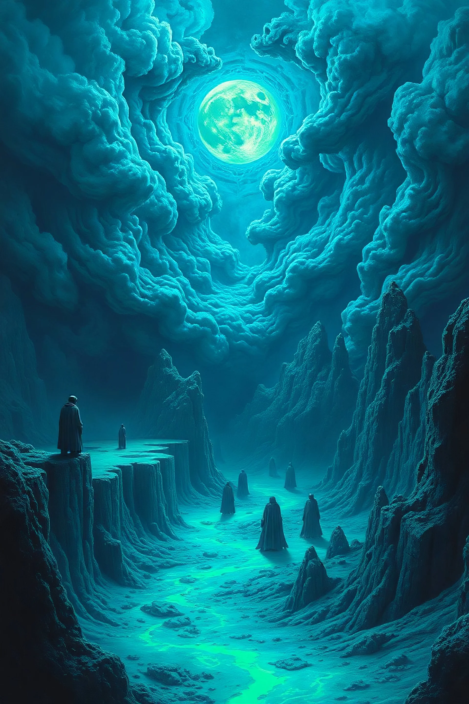 , Hell blue and light blue strong with greenSurreal images in the style of Zdzisław Beksiński,