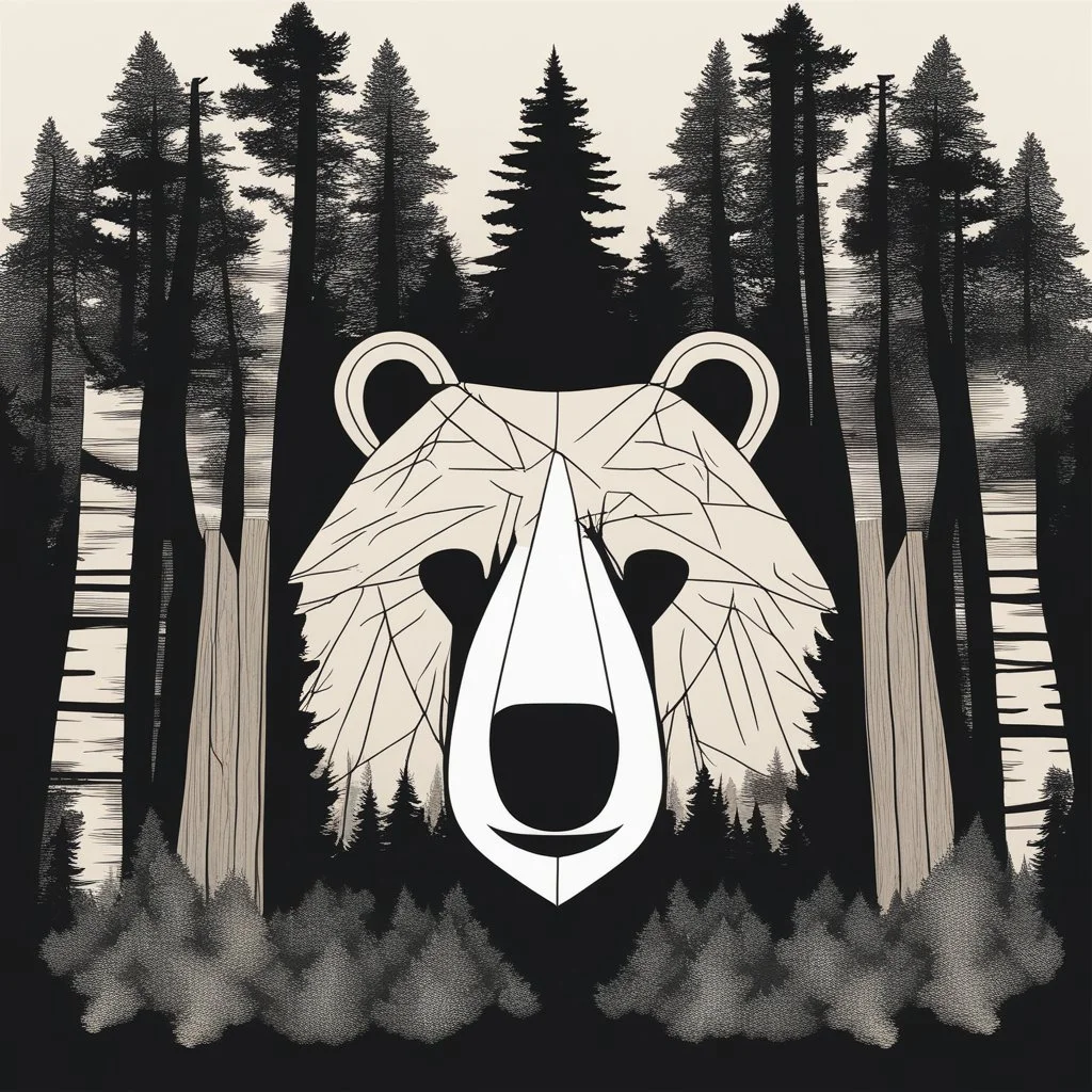 M shaped bear head combined with woods silhouette in backround, letterpress style, minimalistic clean illustration