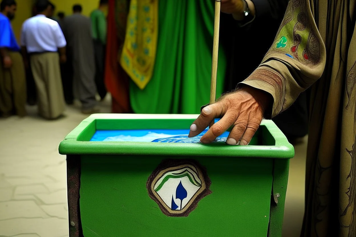 In a scene embodying the essence of democracy, a Pakistani citizen dressed in traditional Balochi attire proudly casts their vote in the country's elections. With a sense of duty and pride, the individual displays their ink-stained thumb, symbolizing their participation in the electoral process. In the background, the national flag of Pakistan waves proudly, while the ballot box provided by the Election Commission of Pakistan (ECP) stands as a testament to the nation's commitment to democratic p