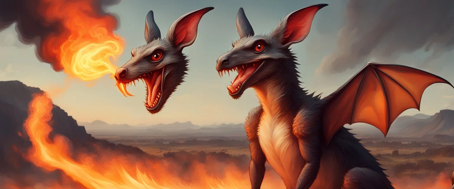 portrait of wild fire breathing bat dragon kangaroo above Byzantes, burning a Kangaroo with its breath