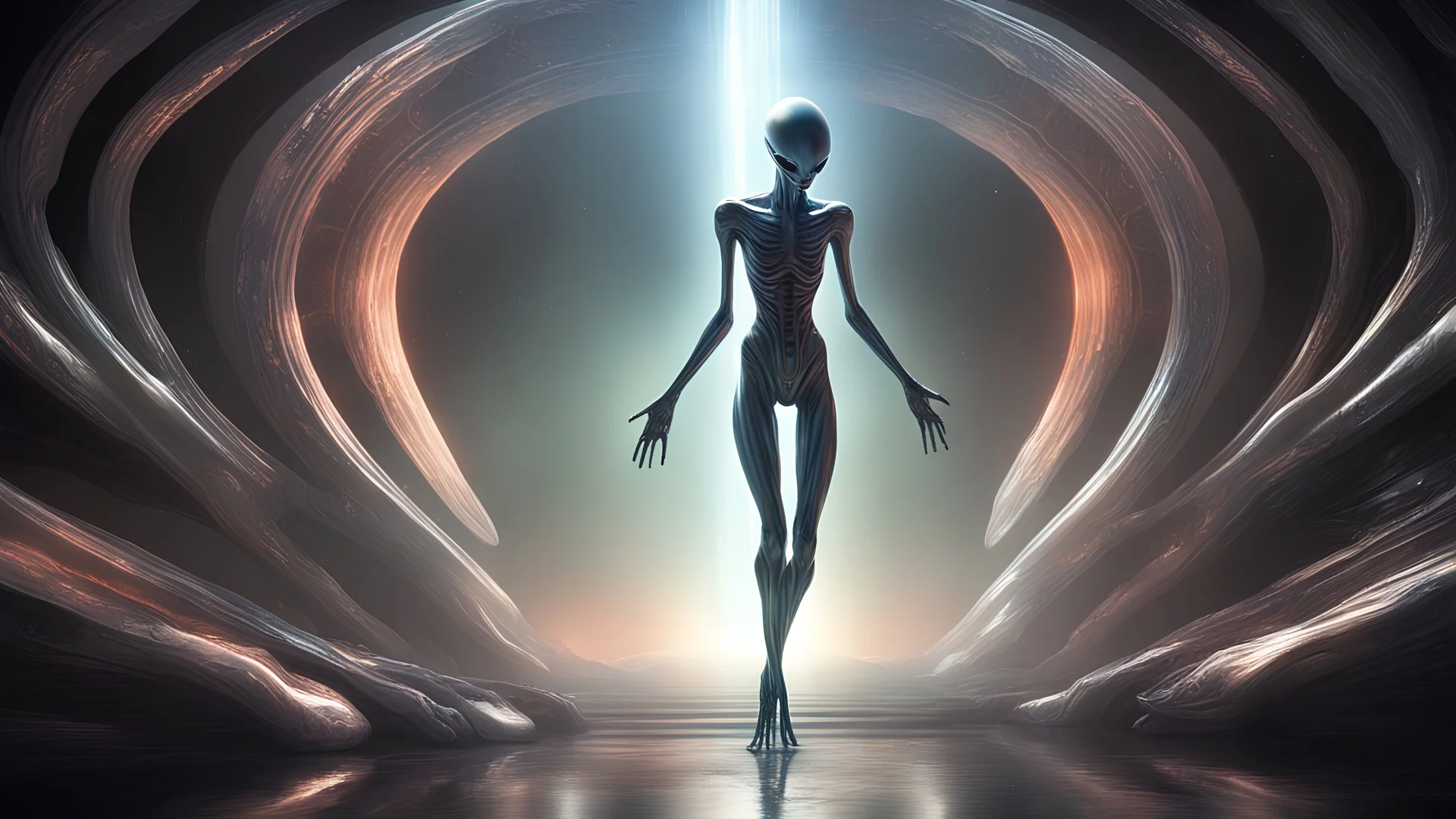Emerging from the alien spaceship is a majestic extraterrestrial being, its sleek, silver body glistening under the spaceship's eerie light. The alien's metallic skin reflects a myriad of colors, hinting at its otherworldly origins. Its elongated limbs move with grace, as it steps onto foreign soil for the first time. This stunning image, possibly a digitally-enhanced photograph, captures the essence of a being from another world in exquisite detail, inviting viewers to marvel at its beauty and