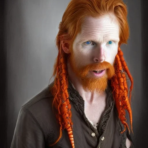 Portrait of Courtney Gains as a ruggedly handsome but joyful roguish pirate, charismatic, attractive male, masculine, perfect, precisely detailed, lightly freckled face, meticulously detailed multi-hued ginger carrot colored cherry fire red hair; Malachai of the corn; fantasy, intricate, elegant, highly detailed, digital painting, artstation, concept art, matte, sharp focus, illustration, art by artgerm and greg rutkowski and alphonse mucha