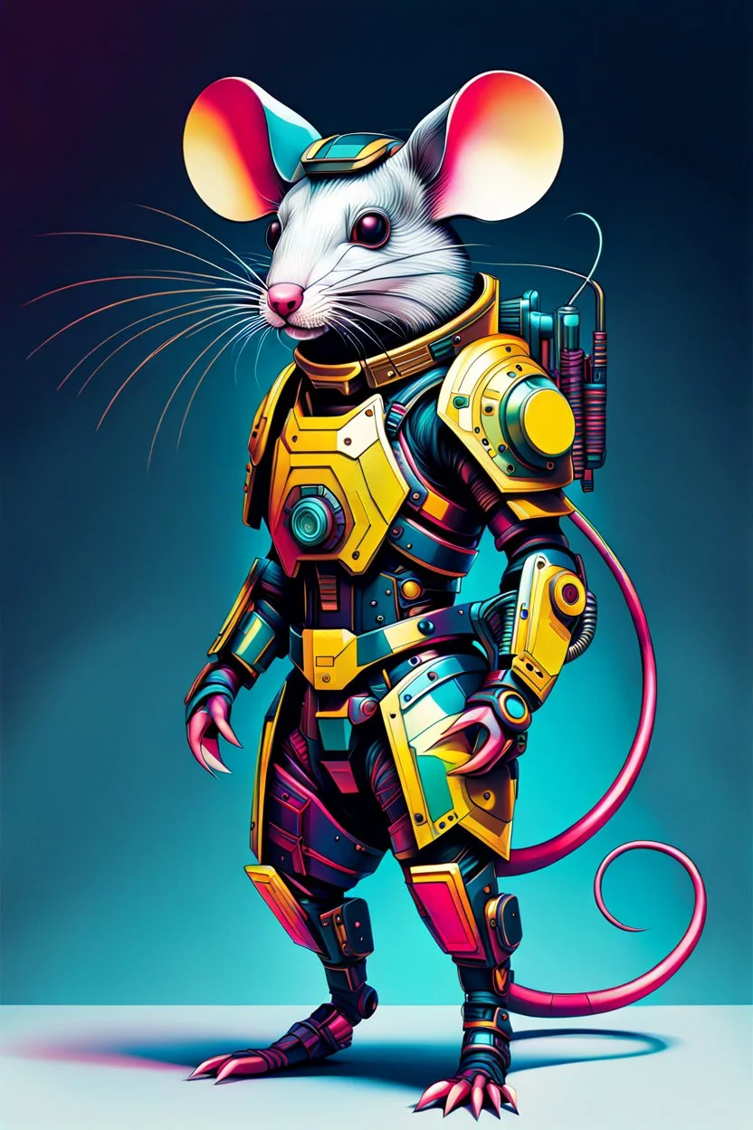 Ilustración lineal arte Bauhaus de un ratón con armadura cyberpunk, full body, hiperdetallada, increíble obra de arte, colores complementarios, maximalista