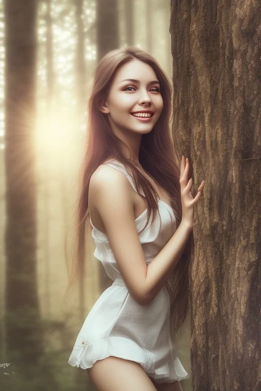 Beautiful smile of feminine girl in the forest in the 3PM in the afternoon ín 24K Resolutions, ultra HD, Professional PHOTOGRAPHY