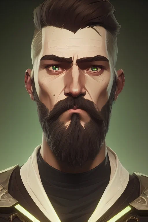 photorealistic white faceless male bearded handsome, hyperdetailed painting, luminism, Bar lighting, complex, dark green miltary armor, 4k resolution concept art, Artgerm, WLOP, Alphonse Mucha, 3d render, octane render, intricately detailed, cinematic, awesome full color, hand drawn, dark, gritty, cinematic