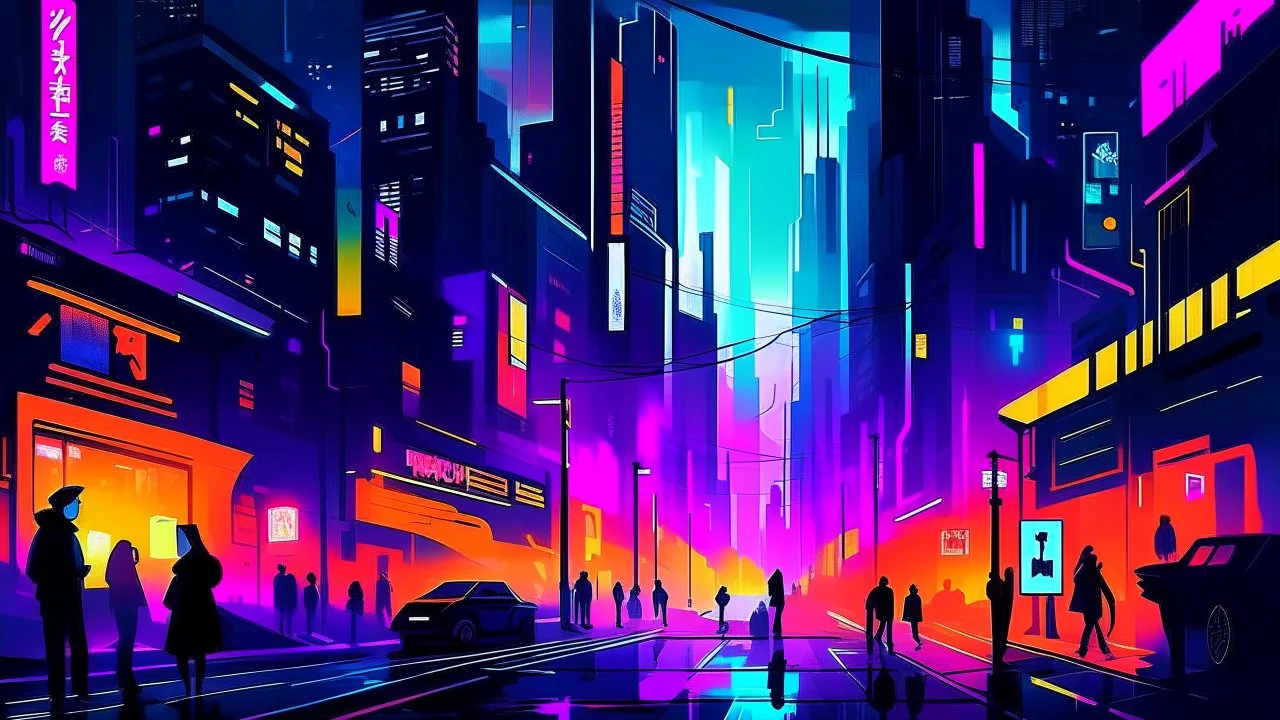 A digital illustration in a surreal style, showing a city street bustling with activity. The buildings are tall and futuristic, with neon lights casting a vibrant glow on the scene. Figures in the foreground are blurred and furtive, adding a sense of movement and energy to the composition. The air is hot and heavy, with waves of heat distorting the view