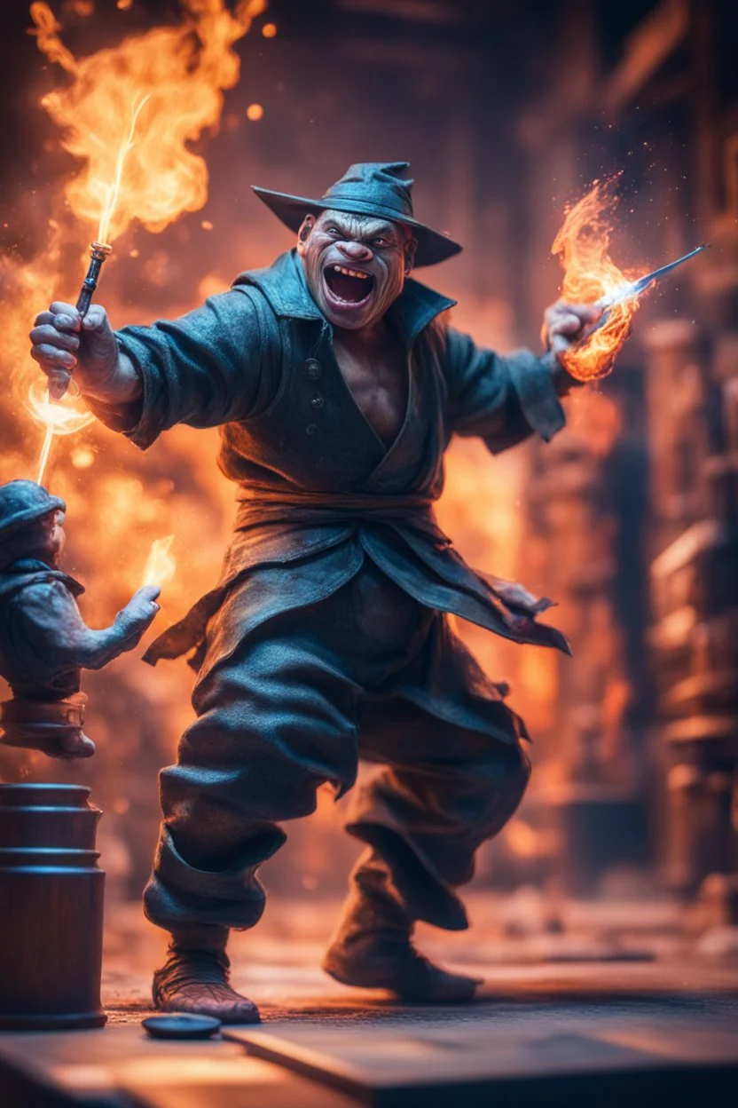 pen outline portrait of rad mad ninja magician smashing juggler thief master casting magic missile spell on big ogre by neon wall , prize winning oil painting,bokeh like f/0.8, tilt-shift lens 8k, high detail, smooth render, down-light, unreal engine