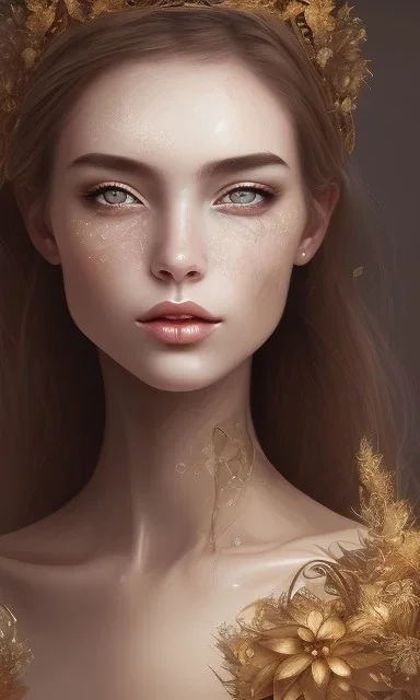 Portrait of beautiful women, correct facial symmetry, golden crown, dark brown hair, dark background, white flowers around, loish, painting, 8k, colorful, brush strokes,