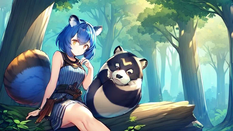 Girl, blue hair, raccoon ears, raccoon tail, raccoon face, forest, sit on tree, raccoon paws on hand, paws on foot, raccoon face