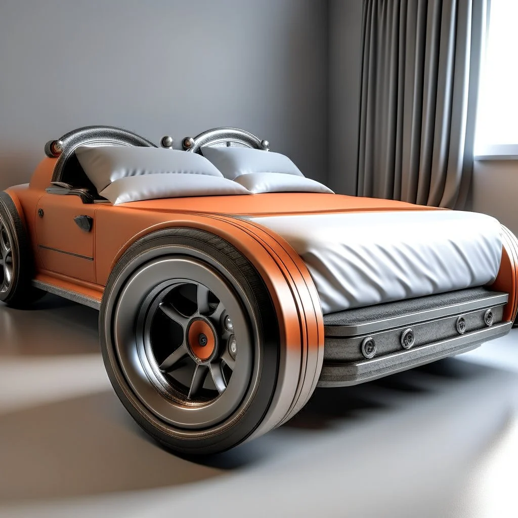 A bed with car wheels and a car belt on it