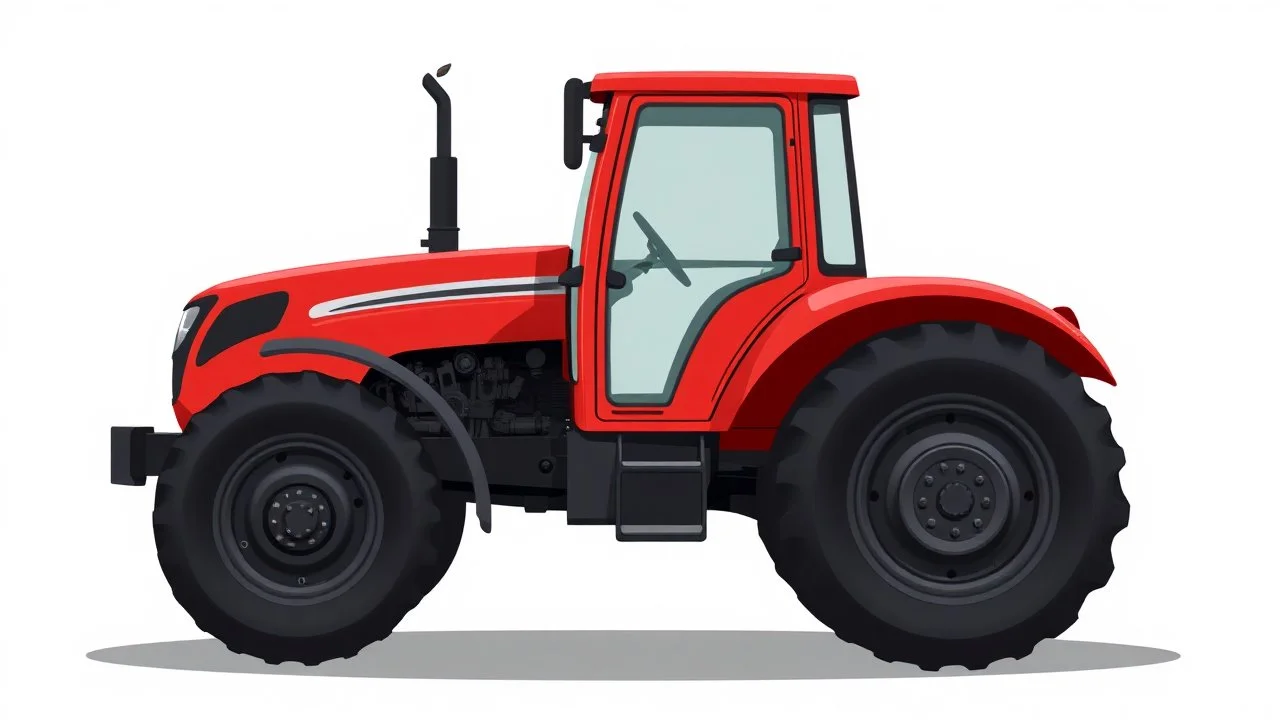 side of a modern closed cab tractor(red) with black wheels, digital illustration