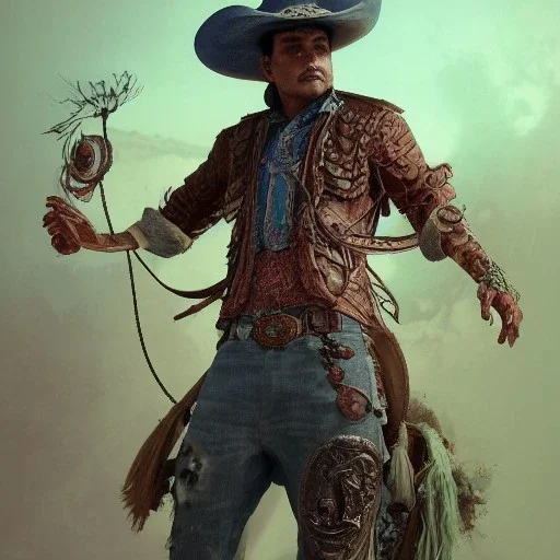 Insanely detailed photograph of an “ a midevil cowboy warrior "with worn Sombrero, handsome charo,cigar,glowing bluish green orb in outstretched hand, hyperdetailed painting by Ismail Inceoglu Huang Guangjian and Dan Witz CGSociety ZBrush Central fantasy art album cover art,8K, hdr, mysterious, flickeringlights ,Stoic