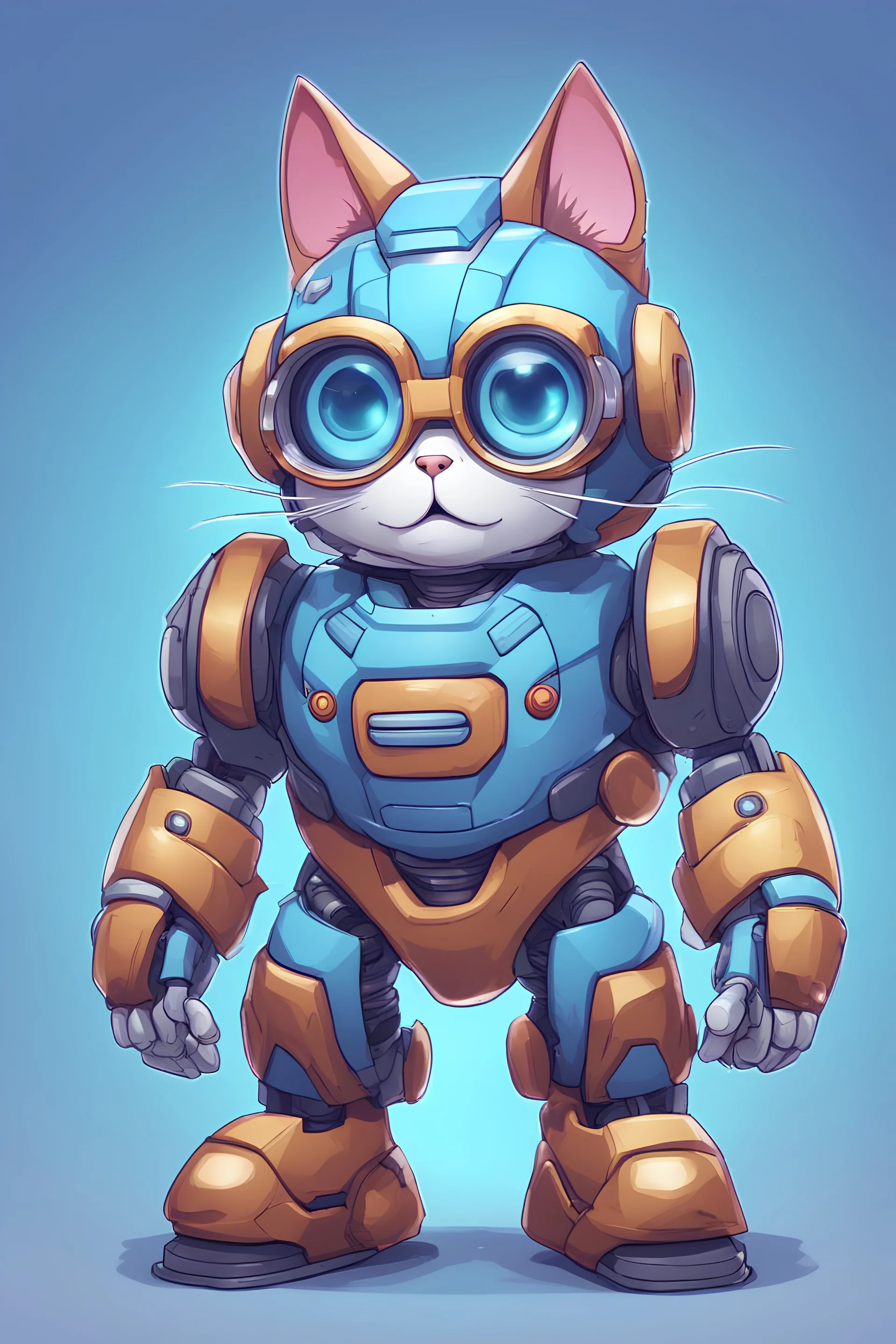 warrior, cute, 2D, cartoon cute male robocat with white sneakers, glasses, front view, wearing a hero costume, lit robocat children, 32k uhd, round,8k,HD, blue wall background