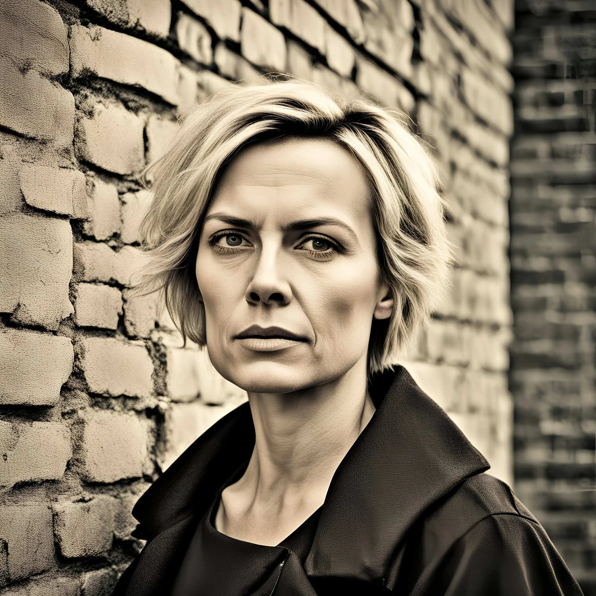 sweet woman, 35 years old, with blond short hair, facial skin with very noticeable unevenness and pores, face with wrinkles and unevenness, two nasolabial wrinkles on the face, wrinkles near the eyes, bags under the eyes, standing against an old brick wall on the street, during the day, abstract neorealism, cinematic, hyper-detailed, hyper-realistic, masterpiece, atmospheric, fashion photography, HDR, Polaroid film