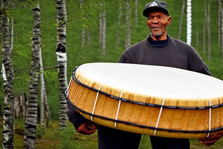 Portrait of a Northern Native Sage. Indigenous, Kekripukki, carries drum made of birch-park,