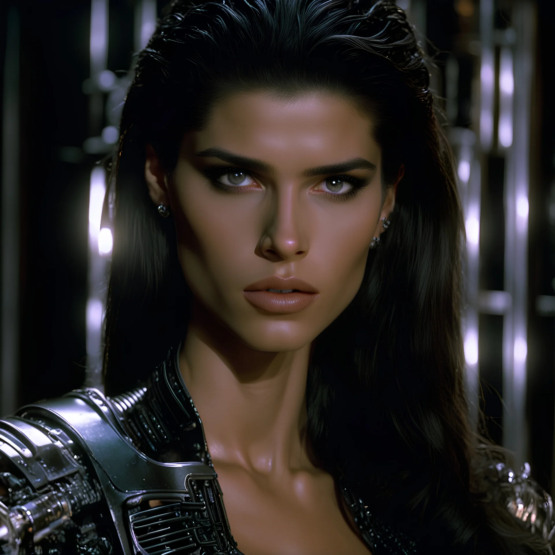 dvd screengrab, 8k, 1993 terminator hellraiser movie, fitgirl sara sampaio, complex lighting, award winning, professional photo studio, by weta, H.R. Giger