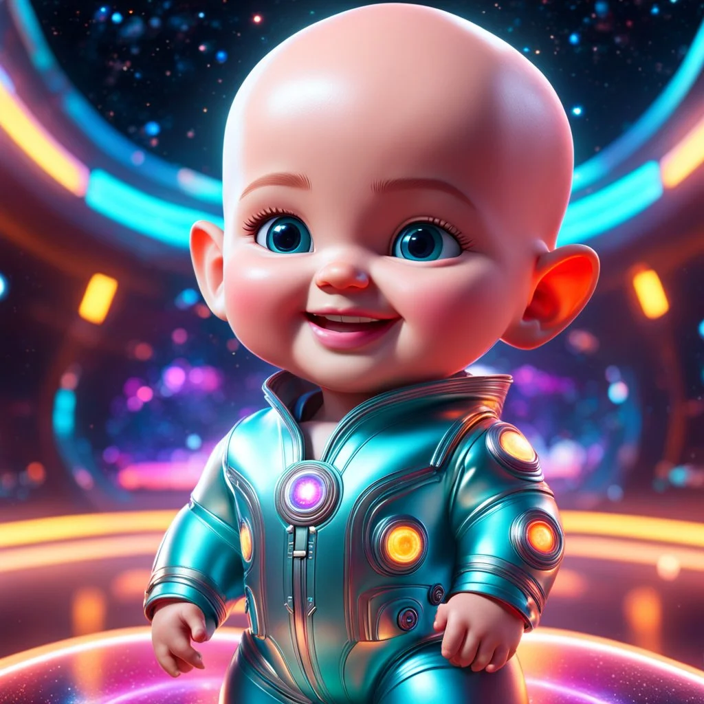 (masterpiece, best quality, 8k, RAW photo, beautiful and aesthetic:1.2), complex detail, Indirect light, photorealistic, (((full body))), Cosmic Boss Baby style smiling, bald, colorfull Sci-Fi environment