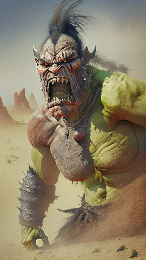 orc, wound marks, raging, battle in the desert background