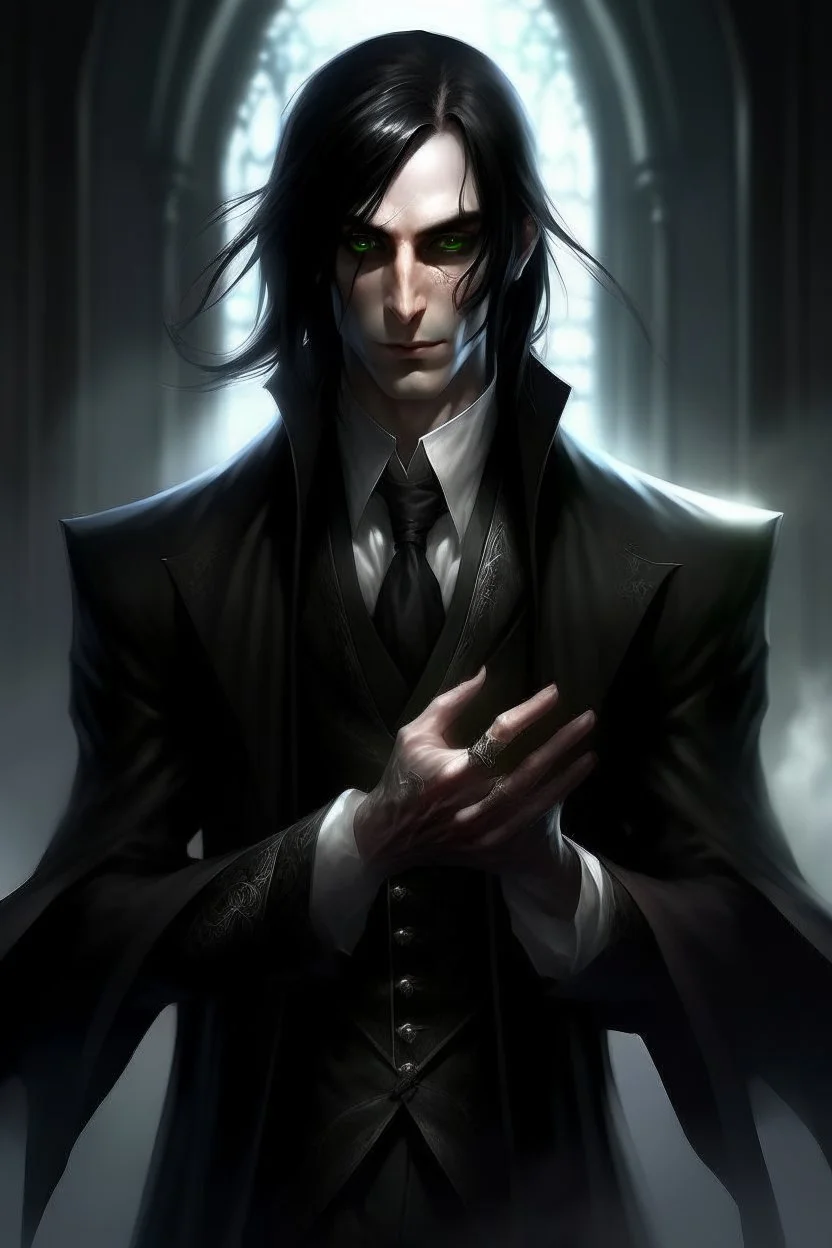 the dark butler, young elf with dark hair, dark clothes, shadow magic