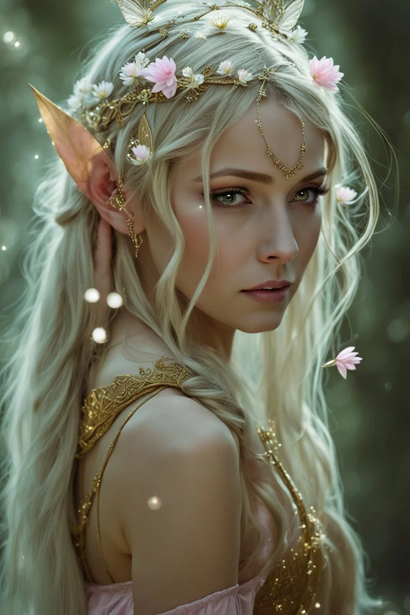 Pointed elven ears,Blonde hair ,Pink dress,Sparkling fairy wings,Very long golden hair,Fairy crown,pointed ears,elven ears,fairy wings,water lilies,sparkling,glittering,flowers,blossoms,golden crown,light pink dress