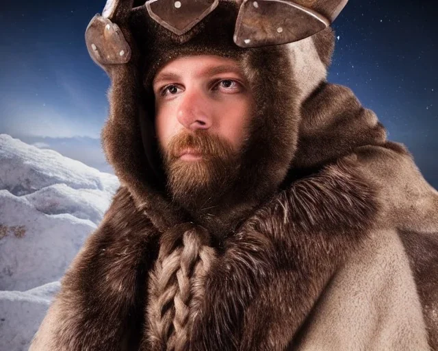 a sad and lonely viking looking up at the stars at night, hyper realistic, 8k, insane detail, atmospheric background, crying eyes, big fur coat, long braided hair, sharp focus, soft background, dynamic lighting, viking helmet, night time