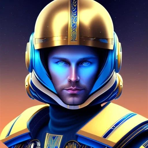 trés beau capitaine galactique,yeux bleus, cheveux longs blonds, avec costumes bleu et or , arrière fond bleu galactique étoilés, casque