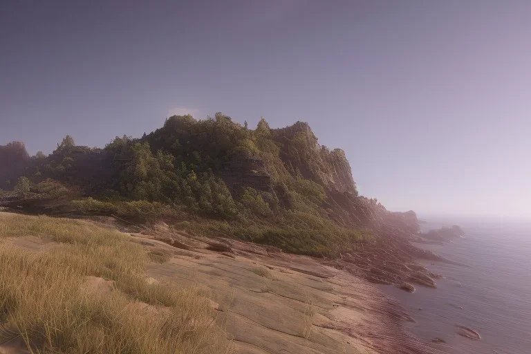 low-angle shot of a Craggy cliffside overlooking a sandy beachside, fantasy, mystical