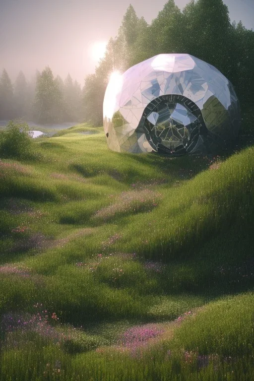 geodesic Dome a facettes transparant ultra réaliste, brouillard, prairie,riviere animé, soleil, ciel étoilé cgi, rendu houdini