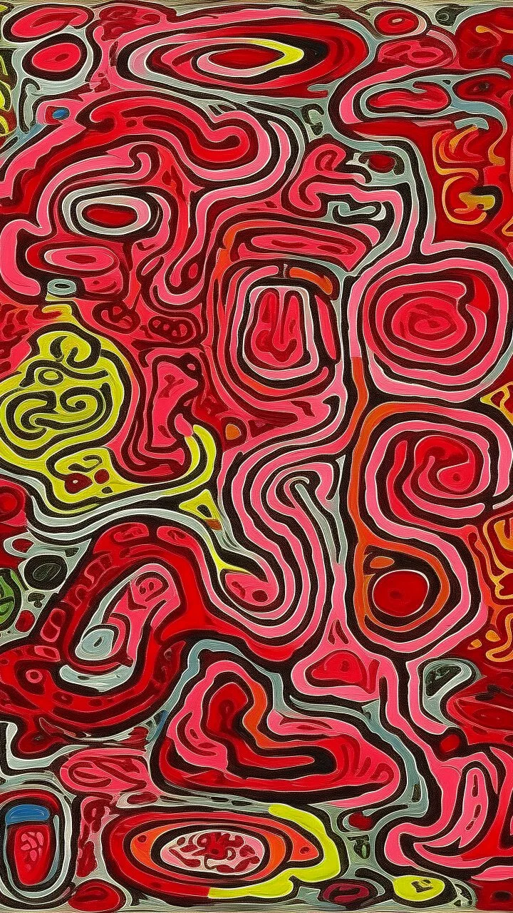 A reddish magenta fiery psychic wetlands painted by Jean Dubuffet