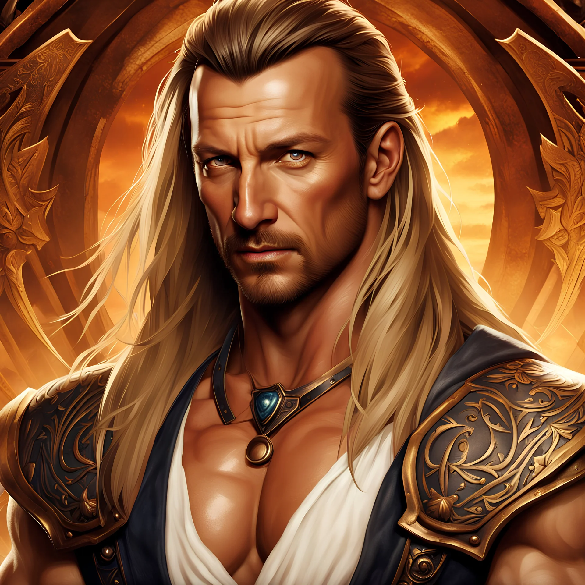 craig parker as handsome warrior king, muscular, long blonde hair, male age 30, wearing jeans and a white button-up shirt, tan skin, tattoos, photorealistic 4k dark fantasy