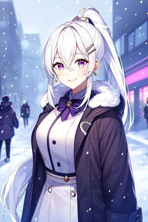 girl, masterpiece, best quality, cinematic lighting, detailed outfit, vibrant colors, perfect eyes, long hair, white hair, purple eyes, snowing, winter clothes, smiling, street, ponytail, hairclip, earring, hair between eyes,