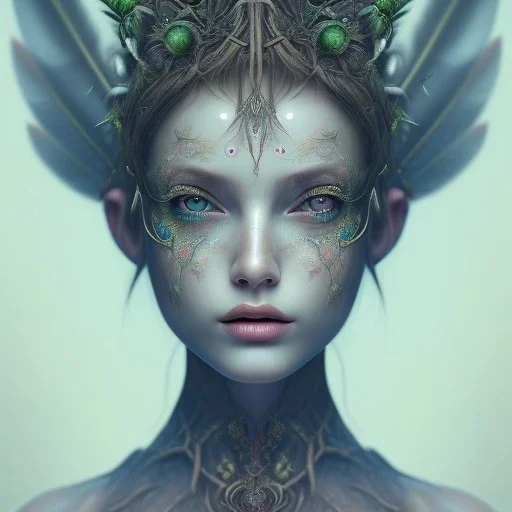 Portrait of beautiful girl, face dept of field, plant, metal, feathers, Dryad, fae, sidhe, ominous, nature, plants, wildflower, facepaint, dnd character portrait, intricate, oil on canvas, masterpiece, expert, insanely detailed, 4k resolution, retroanime style, cute big circular reflective eyes, cinematic smooth, intricate detail , soft smooth lighting, soft pastel colors, painted Renaissance style,sharp fucus, bokeh,macro lens, 1500mm lens