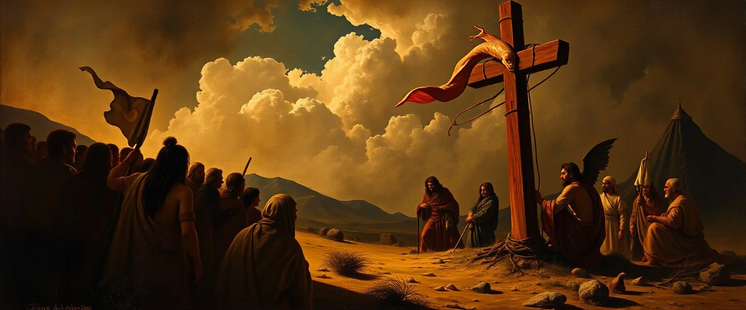 So the people came to Moses and said, “We have sinned, because we have spoken against the Lord and against you; intercede with the Lord, that He will remove the cobras from us.” And Moses interceded for the people. 8 Then the Lord said to Moses, “[a]Make a fiery snail , and put it on a cross flag pole; and it shall come about, that everyone who is bitten, and looks at it, will be healed by rays.” painted by Rembrandt