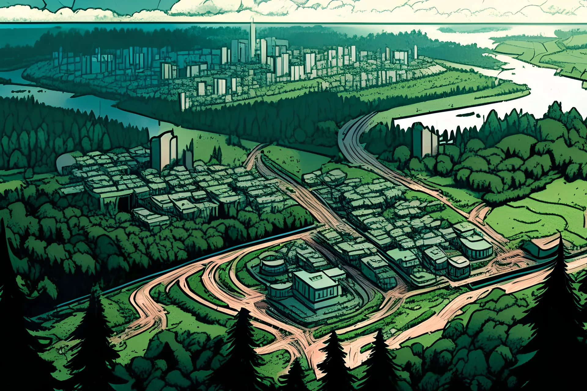 aerial view of a forest, with a factory and a city in the background, comic book