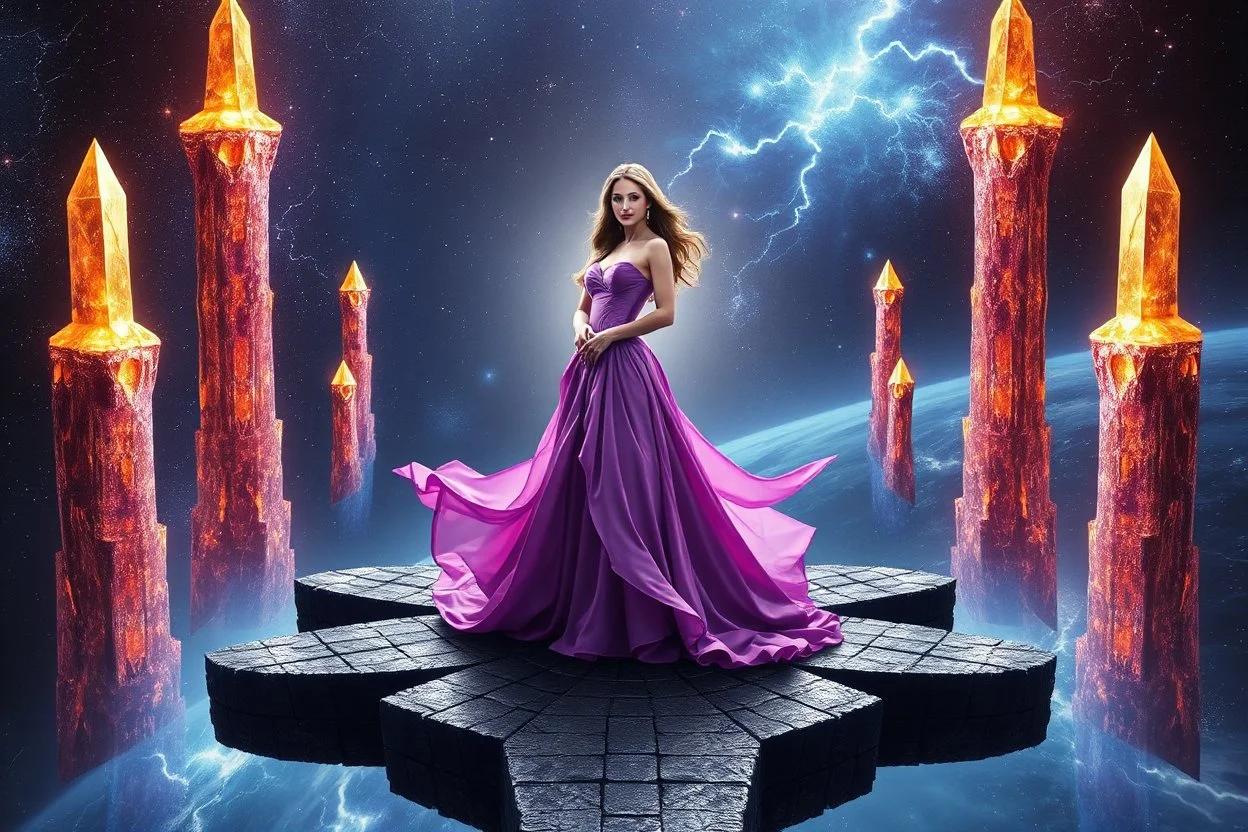 A breathtaking cosmic fantasy scene featuring a stunningly realistic beautiful woman with a perfect face and sculpted figure standing gracefully at the center of a floating geometric platform in deep space. She wears an elegant flowing gown in vibrant purple and pink hues that billow around her perfect form. The platform is constructed from dark cobblestone-like blocks arranged in a cross or star shape. Surrounding her are magnificent crystalline towers and pillars in gold, amber, and electric b
