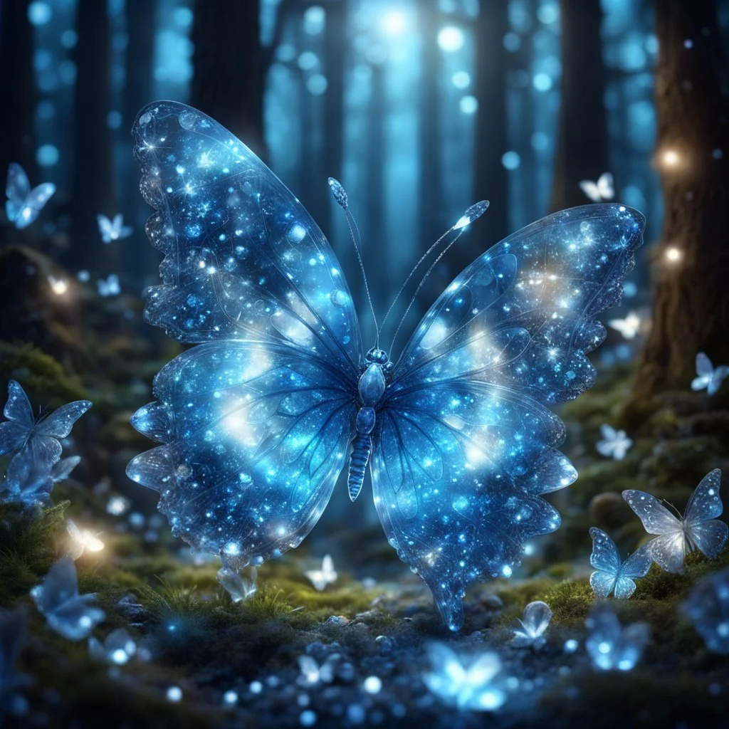 crystal butterfly made of gems made of different shades of blue, butterfly sitting on a glass flower in a magical enhacned night forest, glowing particles in background, amibent mood,16k resolution photorealistic, masterpiece, hight contrast, depth of field, breathtaking intricate details, realistic and lifelike cgi, dramatic natural lighting, reflective catchlights, high quality CGI VFX fine art