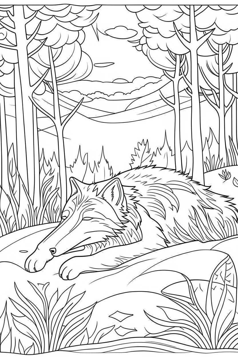 Coloring page for kids, cute sleeping wolf in the forest, minimal number of elements, clear thick lines,