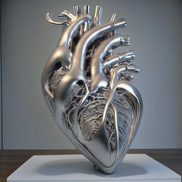 stainless steel sculpture of human flesh-like heart formed by human bodies