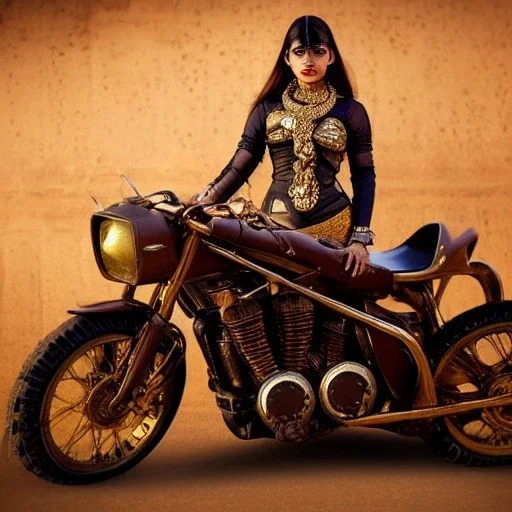 Modern warrior in India on steampunk modified sports bike real fair colour dark brown eyes smooth screen with heavy diamond gold jwellery cute face royal dress seductive charming cinematic ultra high resolution realistic market background in modern world