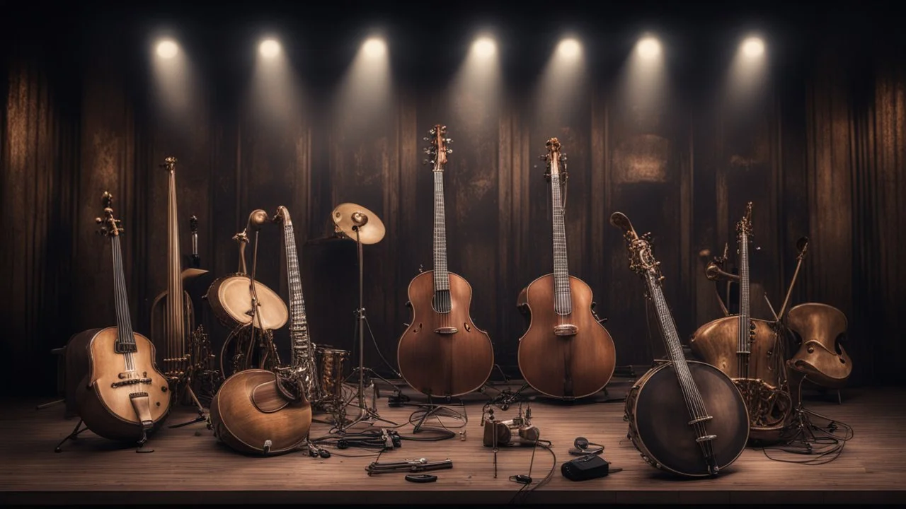 Hyper Realistic musical instruments orchestra on a dark vintage designed stage with dark grungy rustic background & vintage lights