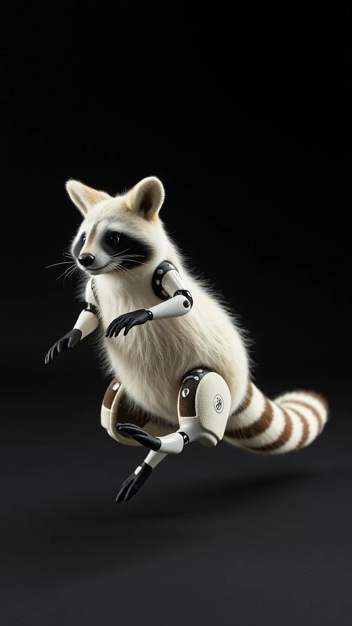 full figure white racoon as a kangaroo jump robot, black background