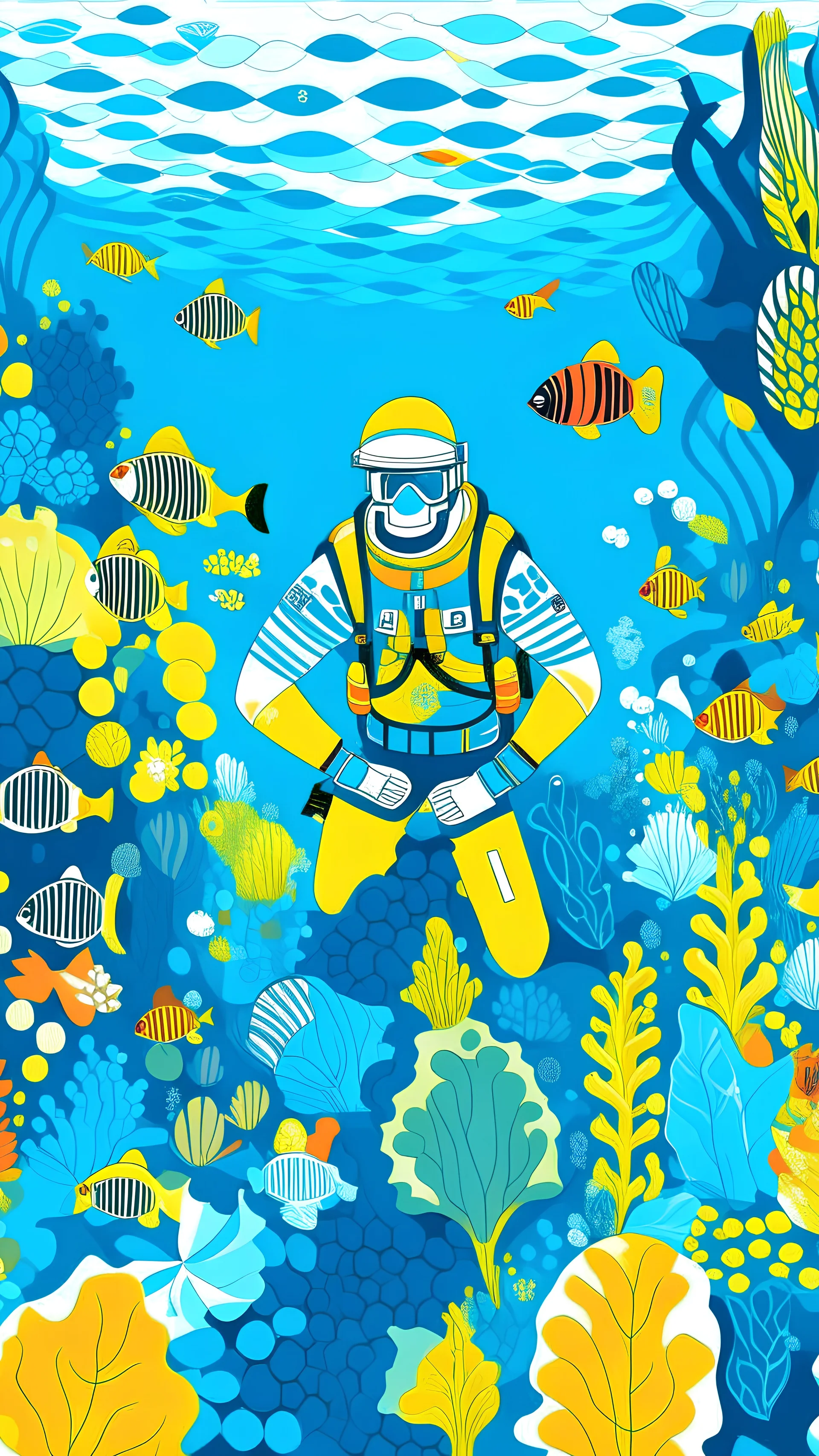 scuba diver , repeating patterns design, fabric art, flat illustration, Vector, 4K, Art station, digital print, highly detailed clean, vector image, photorealistic masterpiece, realistic butterflies , flat background, isometric, bright vector, white background, 500 leaf, bright color, beautiful