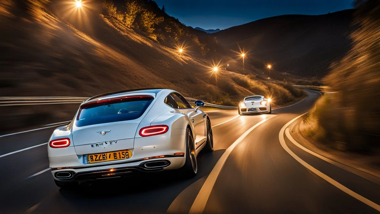 A sleek white shiny (((bentley x porsche))), (((cinematic view))), zipping along a winding road under a beautiful blue black night sky