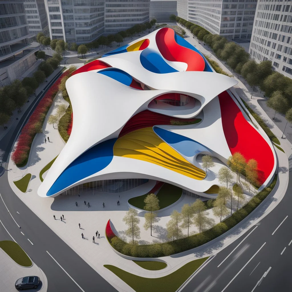 Aerial view Museum of art in the form of flower petals architecture style Zaha Hadid linear drawing colors red white blue and yellow hyper-detailed 8k