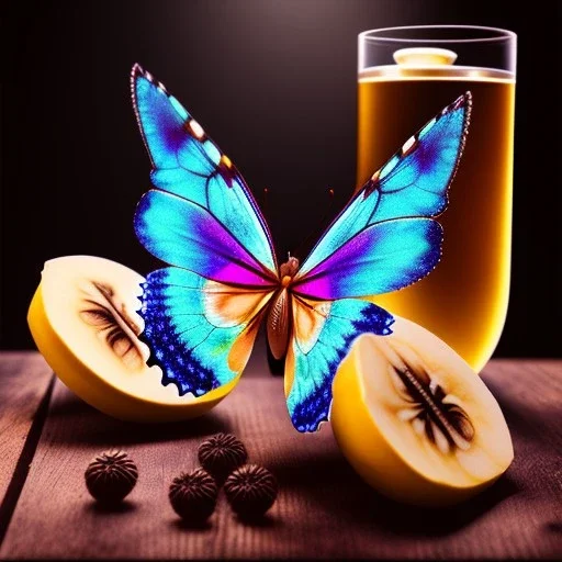 makrophoto butterfly, ancient, magic,on dark wooden table with drinking glass, banana, hairy hand