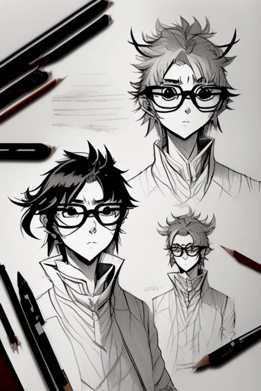 Drawing sketches of a character wearing round glasses inspired by the Demon Slayer anime