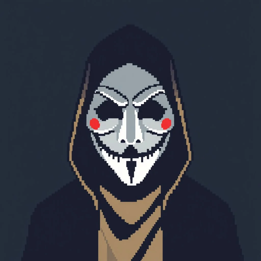 18 bit pixelart of a shadow figure with a white smooth wide smiling mask fawkes