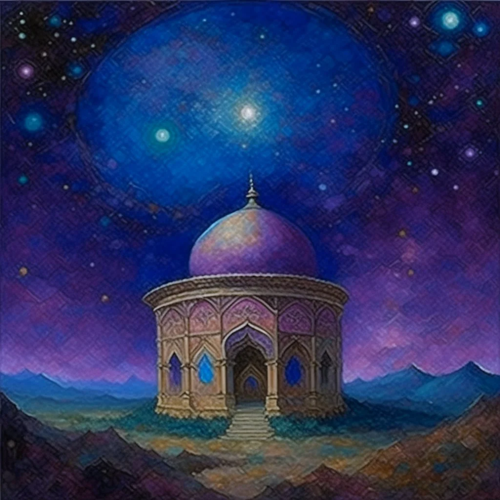 A violet cosmic Arabian palace with an observatory in the starry sky painted by Claude Monet