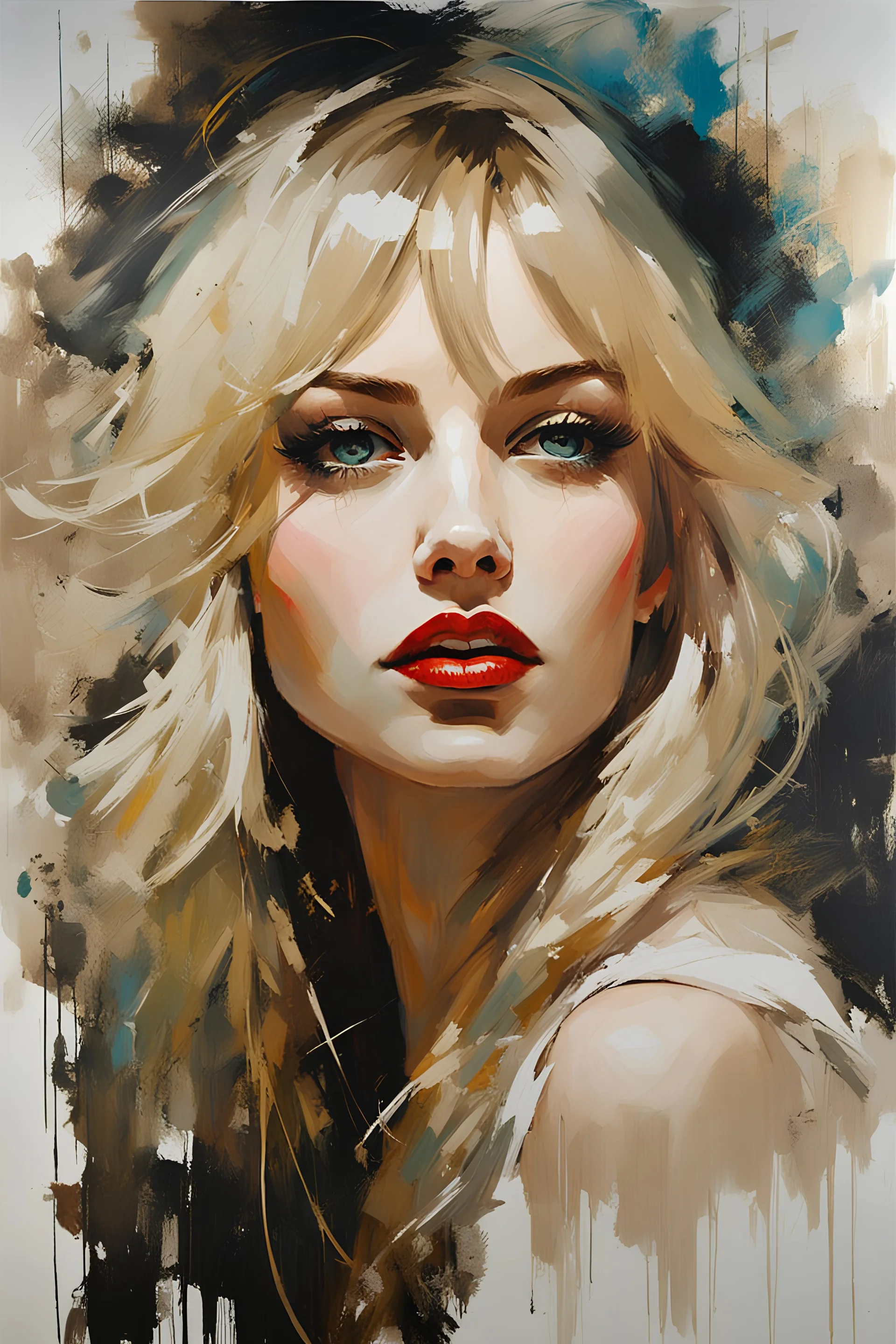 Blonde Pale Thin well endowed Scandinavian Woman 24yo, Big Eyes, red lipstick, Long Eyelashes And Eye Shadow smiling :: by Robert McGinnis + Jeremy Mann + Carne Griffiths + Leonid Afremov, black canvas, clear outlining, detailed